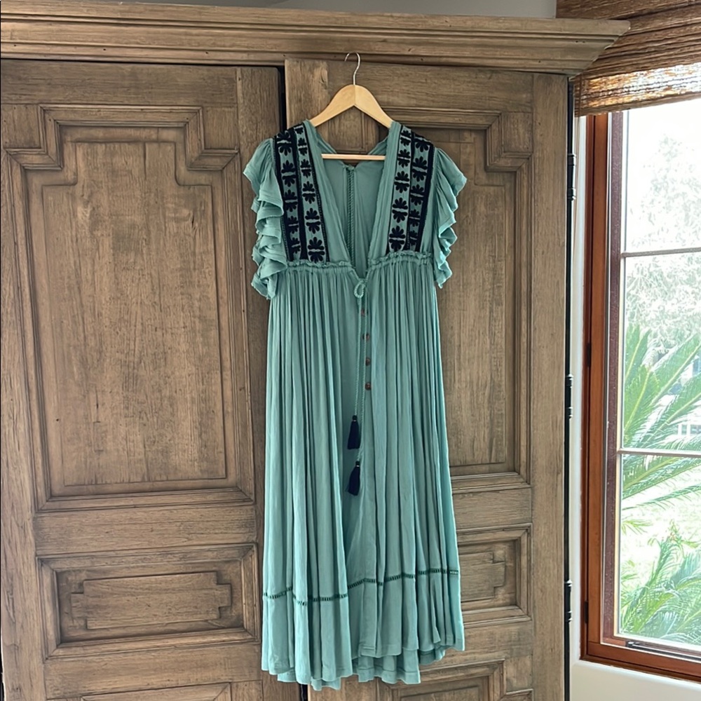 Free People Boho Teal Dress with Embroidered Details